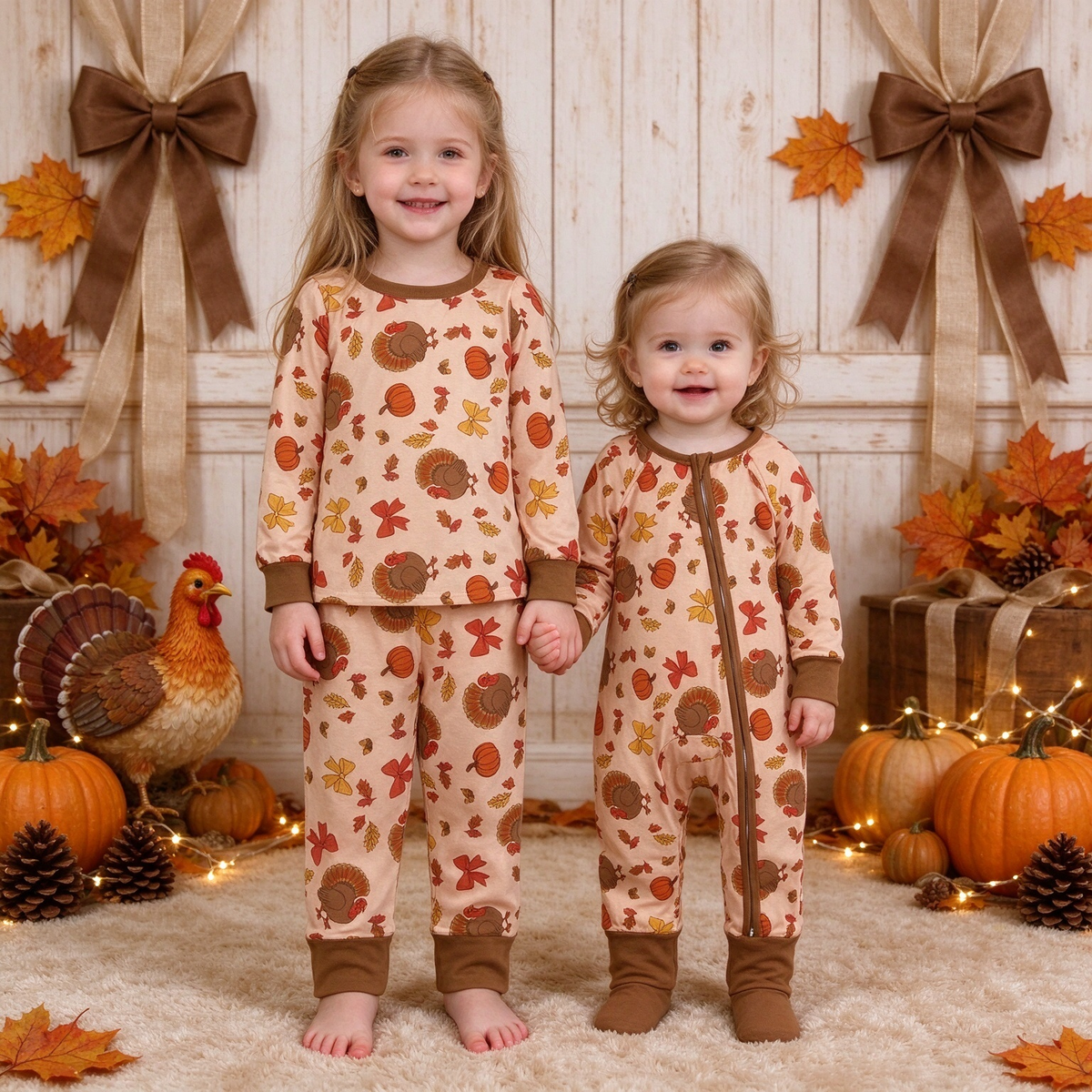 Baby Thanksgiving Turkey Pumpkin Leaf Print Zipper Romper & Kids Long Sleeve Pj Set Collection