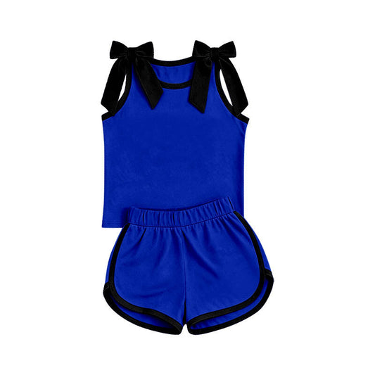 custom moq 5 mix size Baby Girls Blue Sleeveless Tank Top With Black Bows Shorts Summer Clothes Set