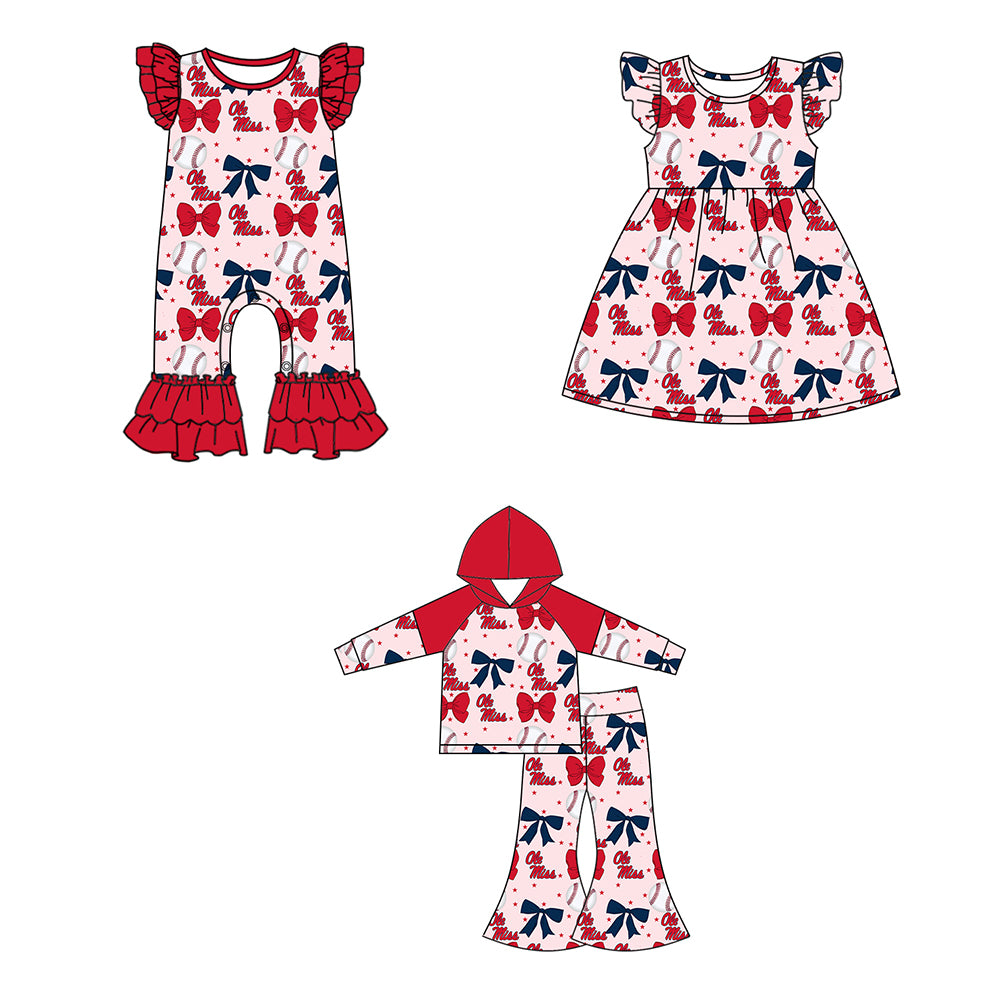 Custom moq 5 each style summer teams baby girls clothes team bow red long sleeve hooded pants sets and dress and romper-25.6.13