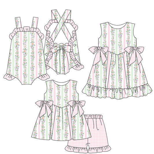 3.18 Custom moq 5 mix size Sibling Baby Girl's Flowers Stripe Sleeveless Tunic Ruffle Shorts Set Cute Romper Dress for Summer