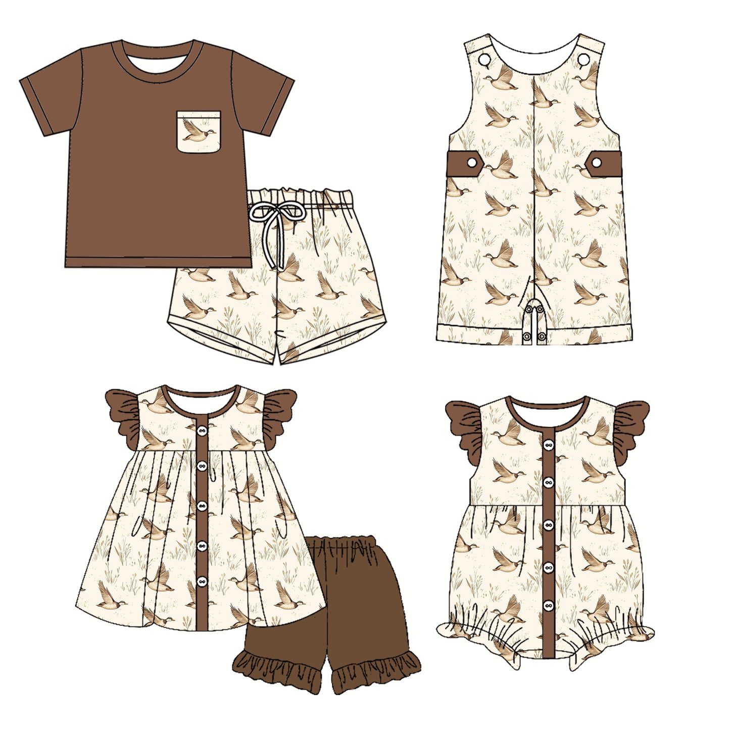 3.21 custom each style moq 5eta 4-6week Sibling Sister duck baby girl short sleeve shorts sets and sets 2 and boy romper and girl romper match design