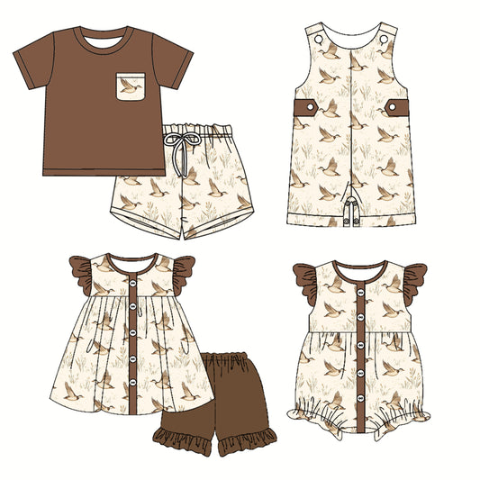 3.21 custom each style moq 5eta 4-6week Sibling Sister duck baby girl short sleeve shorts sets and sets 2 and boy romper and girl romper match design