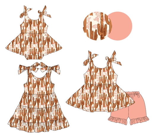 4.3 Custom moq 5 mix size Sibling Baby Girl's Western Cactus Sleeveless Top And Short Set Cute Romper Dress for Summer