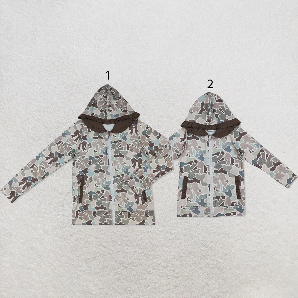 RTS NO MOQ milk silk Sibling Adult To Match Kids Bows Camo Print Pockets Zipper Hunting Ruffle Hoodies Top Casual Top