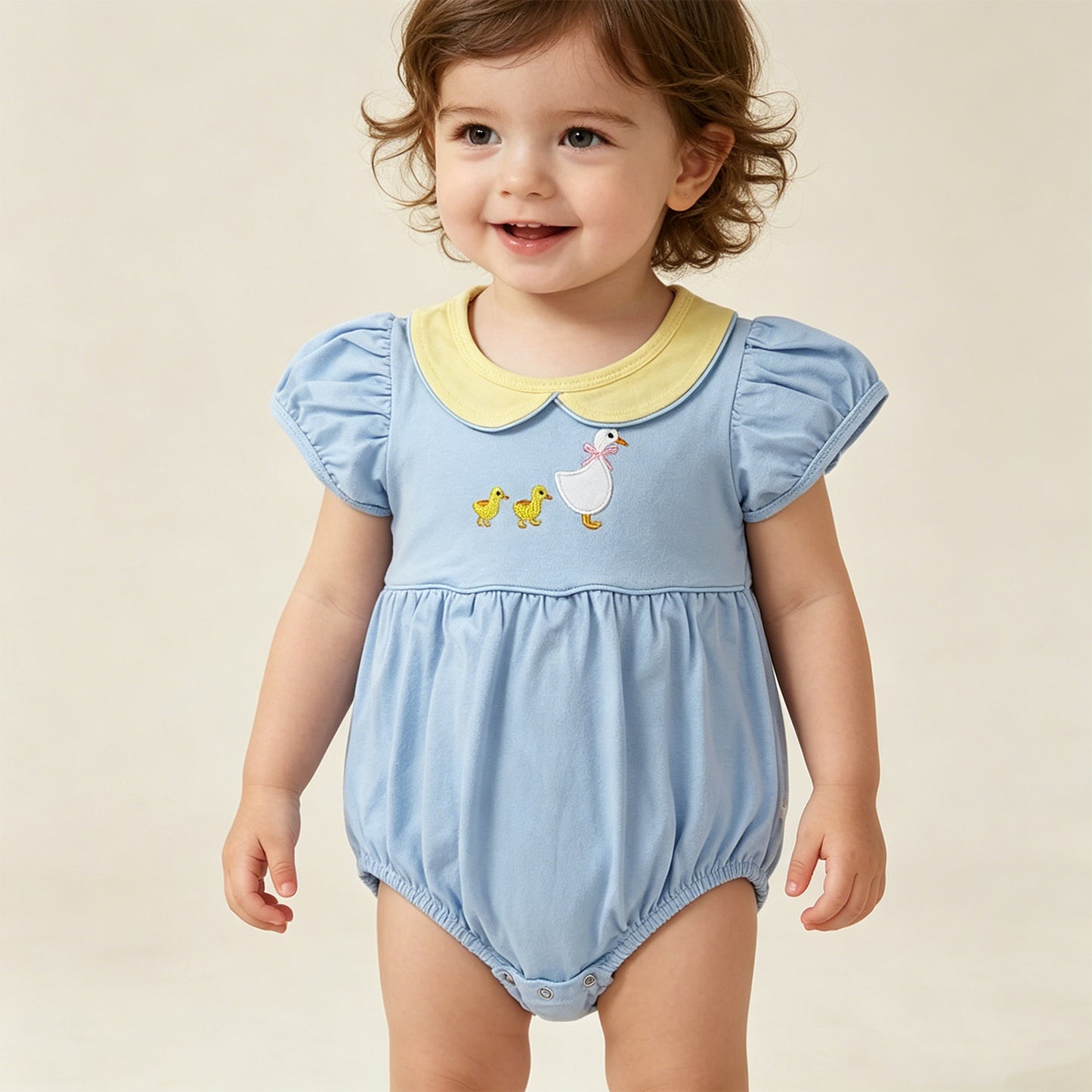 RTS NO MOQ SR3298 Baby  Girls Ducks Goose Embroidery Collar Short Sleeve Rompers