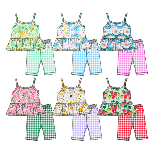 3.11 Custom moq 5 mix size Sibling Baby Girl Floral Camisole Top And Plaid Shorts Set Cute Outfit for Infants Baby Girl's Clothing Set