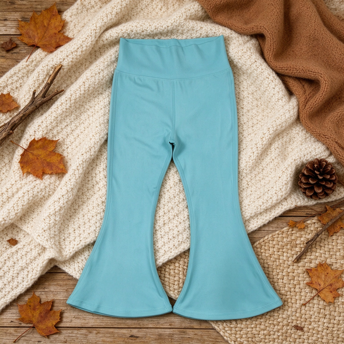 NEW RTS NO MOQ yoga fabric cotton P1099 Baby Girls Lake Blue Solid Yoga Bell Bottom Trousers
