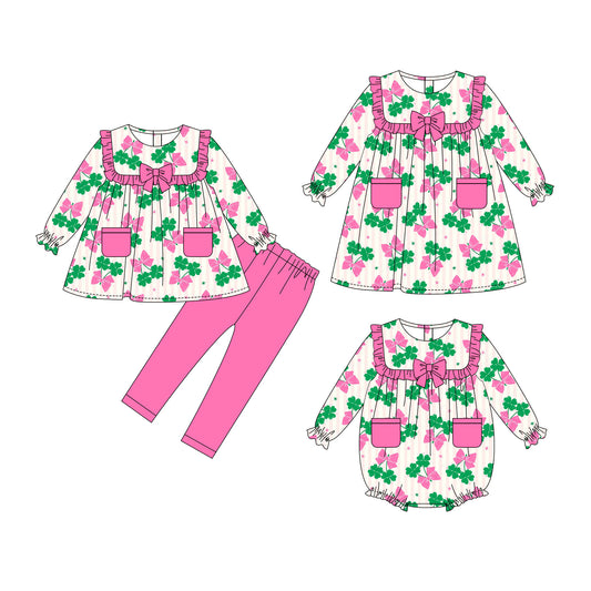 25.10.3 custom each style moq 8 eta 6-8week Sibling Sisters bow baby girl long sleeve pants sets and dress and rompers match family design