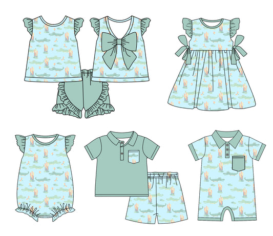 11.18 custom each style moq 5eta 4-6week Sibling Sister baby girl short sleeve shorts sets and sets 2 and girls romper and boy romper and dress match design