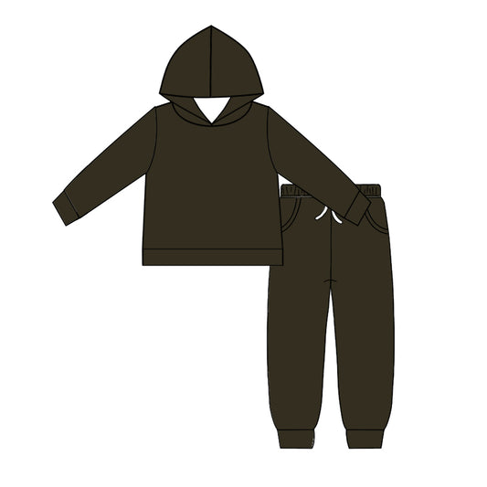 Custom moq 5 Boys blank cotton fabric hoodie joggies Dark brown hooded top and trousers set