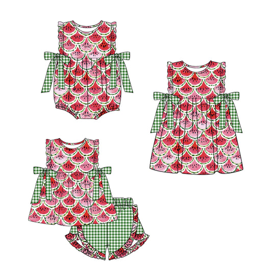 11.15 custom each style moq 5eta 4-6week Sibling Sister watermelon baby girl short sleeve shorts sets and dress and rompers match family design