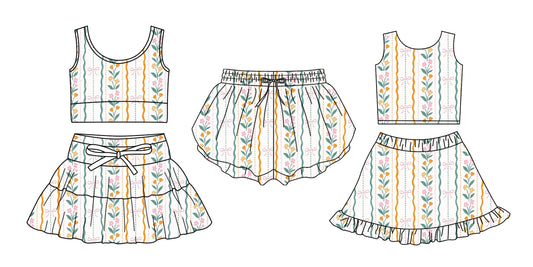 3.27 Custom moq 5 mix size Sibling Baby Girls Sleeveless Flowers Top And Skirts Set Yoga Shorts Outfit