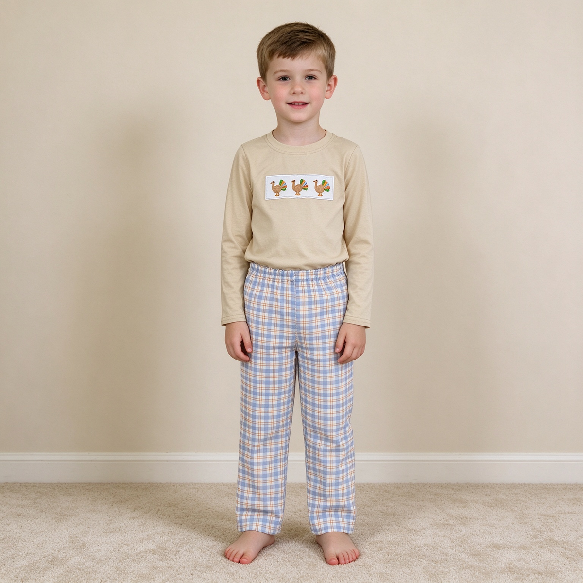 NEW RTS NO MOQ milk silk BLP1495 Embroidery Turkey Baby Boys Long Sleeve Top Matching Checked Pant Thanksgiving Clothes Sets