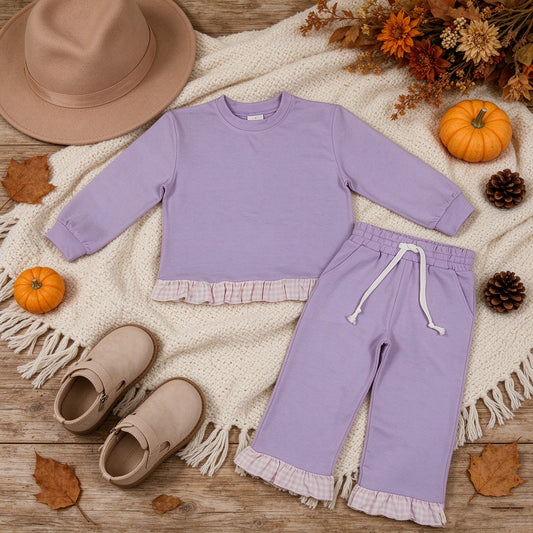 NEW RTS NO MOQ cotton GLP3755 Baby Girls Lavender Long Sleeve Top Ruffle Pant Casual Clothes Set