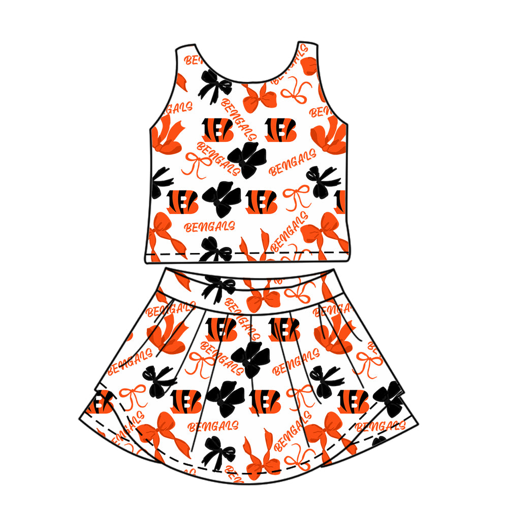 Custom moq 5 mix sizes summer teams baby girls clothes team orange short sleeve skirts shorts sets 1 and skirts sets 2 and dress 1 and dress 2 and dress 3 and dress 4-25.6.11