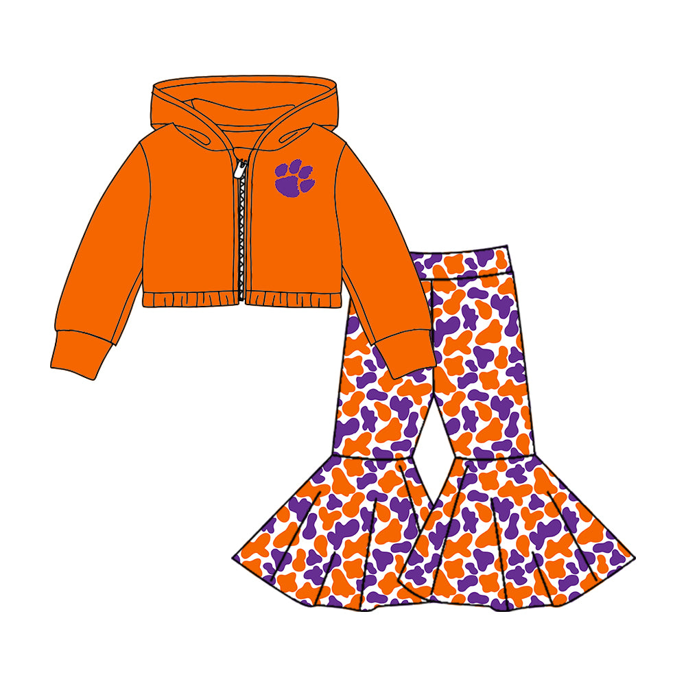 Custom moq 5 mix size milk silk summer teams baby girls clothes camouflage orange hooded long sleeve pants sets 2 and boy pants sets and pant-25.8.7