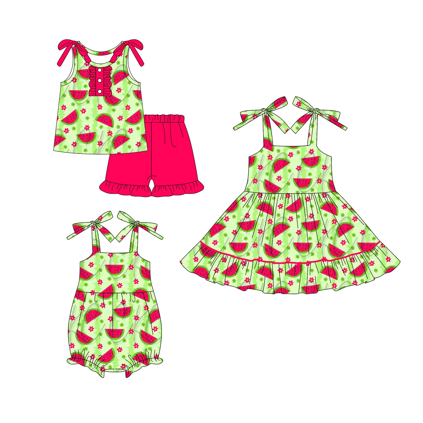 25.12.30 custom each style moq 5 eta 6-8week Sibling Sister watermelon baby short sleeve shorts sets and romper and dress match design