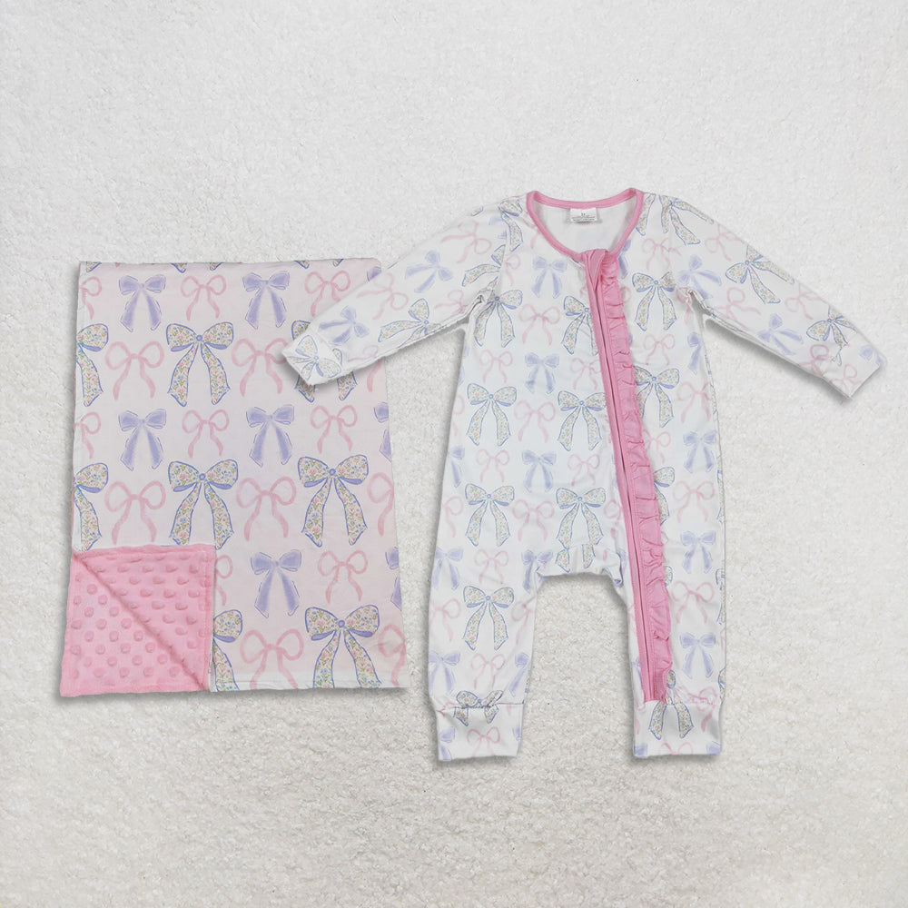 RTS NO MOQ Sibling Baby girl clothes bow long-sleeved romper and blanket