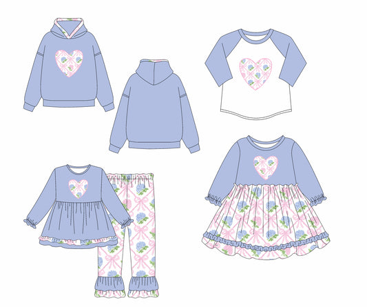 25.7.14 custom each style moq 5eta 4-6week Sibling Sisters floral bow blue baby girl long sleeve pants sets and dress and top 1 and top 2 match family design