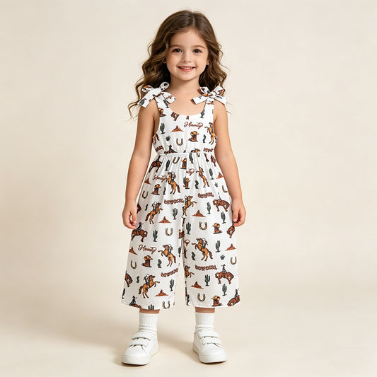 RTS NO MOQ SR2969 Baby Girls Summer Western Horse Rodeo Cactus Bow Jumpsuits