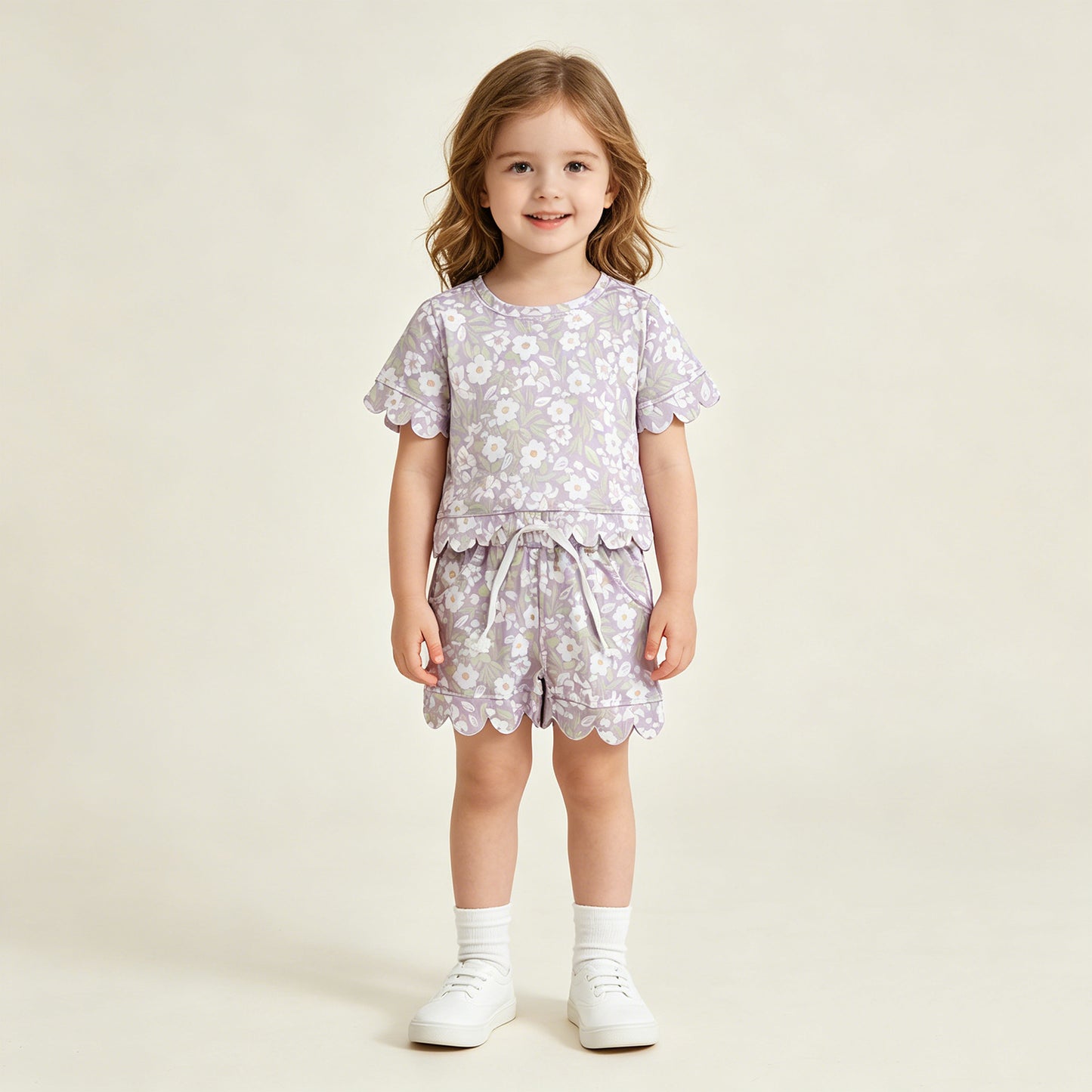 RTS NO MOQ milk silk GSSO3265 Baby Girls  Scallop Edge Colorful Flowers Short Sleeve Top Shorts Sets