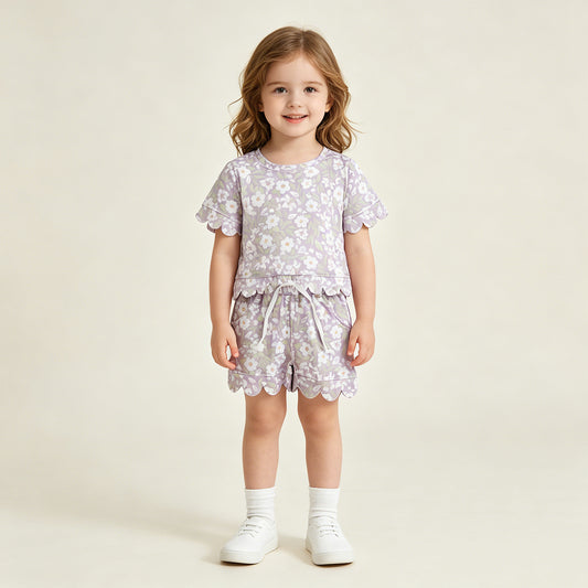 RTS NO MOQ milk silk GSSO3265 Baby Girls  Scallop Edge Colorful Flowers Short Sleeve Top Shorts Sets
