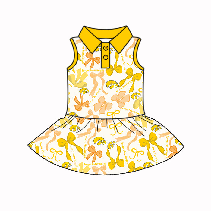 Custom moq 5 mix sizes summer teams baby girls clothes team yellow short sleeve skirts shorts sets dress 1 and dress 2-25.5.10