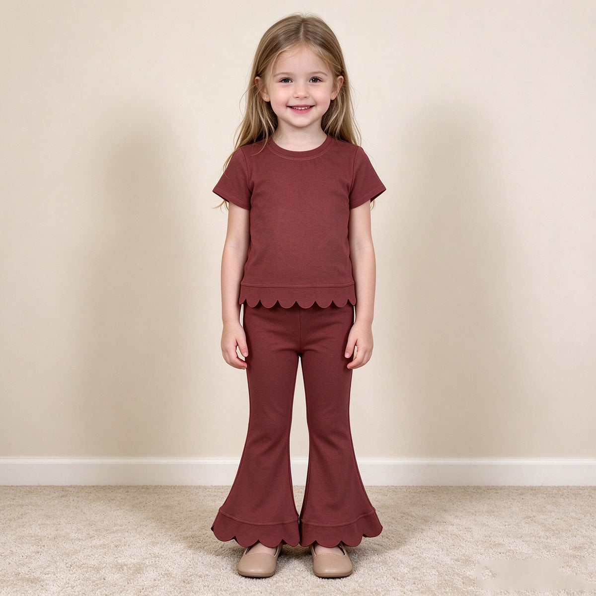 NEW RTS NO MOQ cotton GSPO2347（GT1777+P1085）Baby Girls Brown Short Sleeve Shirts Top Flare Pant Scallop Casual Set