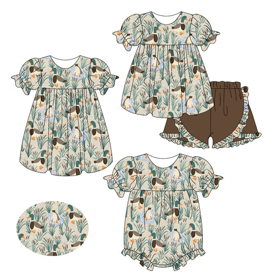2.17 custom each style moq 5eta 4-6week Sibling Sisters duck baby girl short sleeve shorts sets and dress and rompers match family design