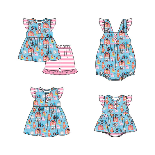 11.16 custom each style moq 5eta 4-6week Sibling Sister farm baby girl short sleeve shorts sets and girls romper and boy romper and dress match design