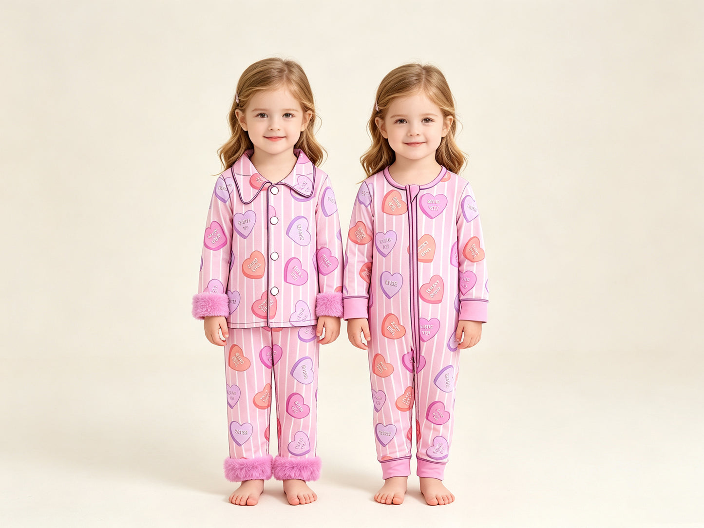 (Preorder new) No moq Baby Girls Pink Valentines Day Candy Heart Stripe Print Collared Button Down Pajama Set With Pink Fur Trim Cuff  Romper Blankets