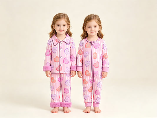 (Preorder new) No moq Baby Girls Pink Valentines Day Candy Heart Stripe Print Collared Button Down Pajama Set With Pink Fur Trim Cuff  Romper Blankets