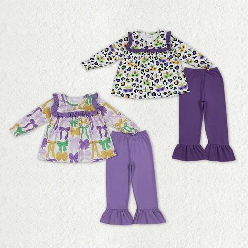 RTS NO MOQ Sibling Baby Girls Mardi Gras Bow Leopard Print Tunic Ruffle Pants Outfit Set for Infants