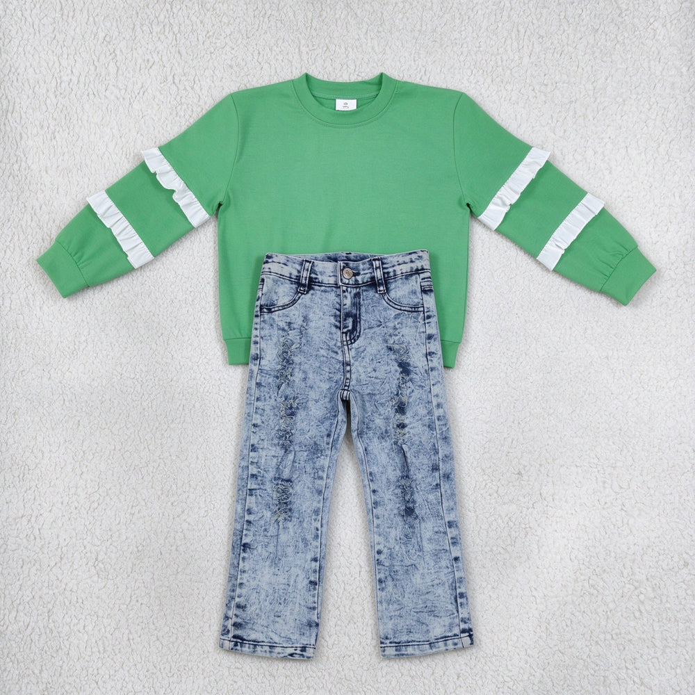 NEW RTS NO MOQ Denim GT1858+ P0244 Baby Girls Green White Patchwork Long Sleeve T-shirts Top Bleached Strait Denim Jeans Pants Sets