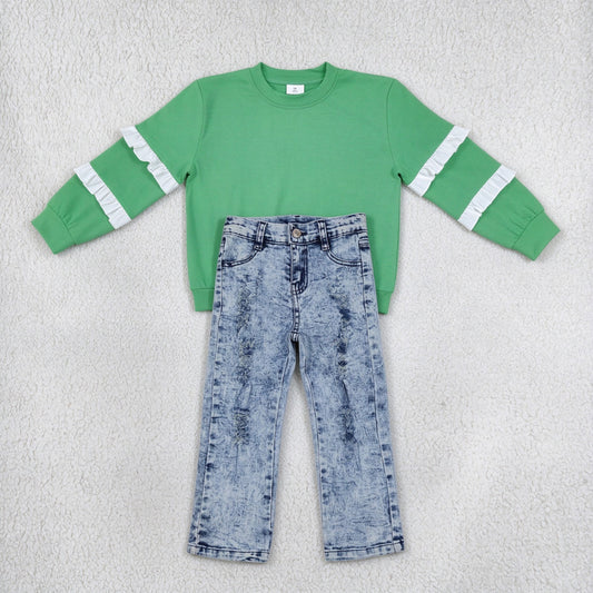 NEW RTS NO MOQ Denim GT1858+ P0244 Baby Girls Green White Patchwork Long Sleeve T-shirts Top Bleached Strait Denim Jeans Pants Sets