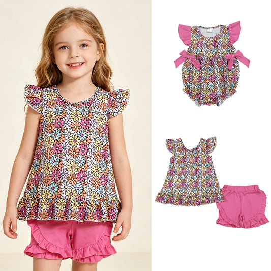 RTS NO MOQ Sibling Baby Girls Colorful Daisy Print Back Bow Tunic Ruffle Shorts Set Ruffle Rompers