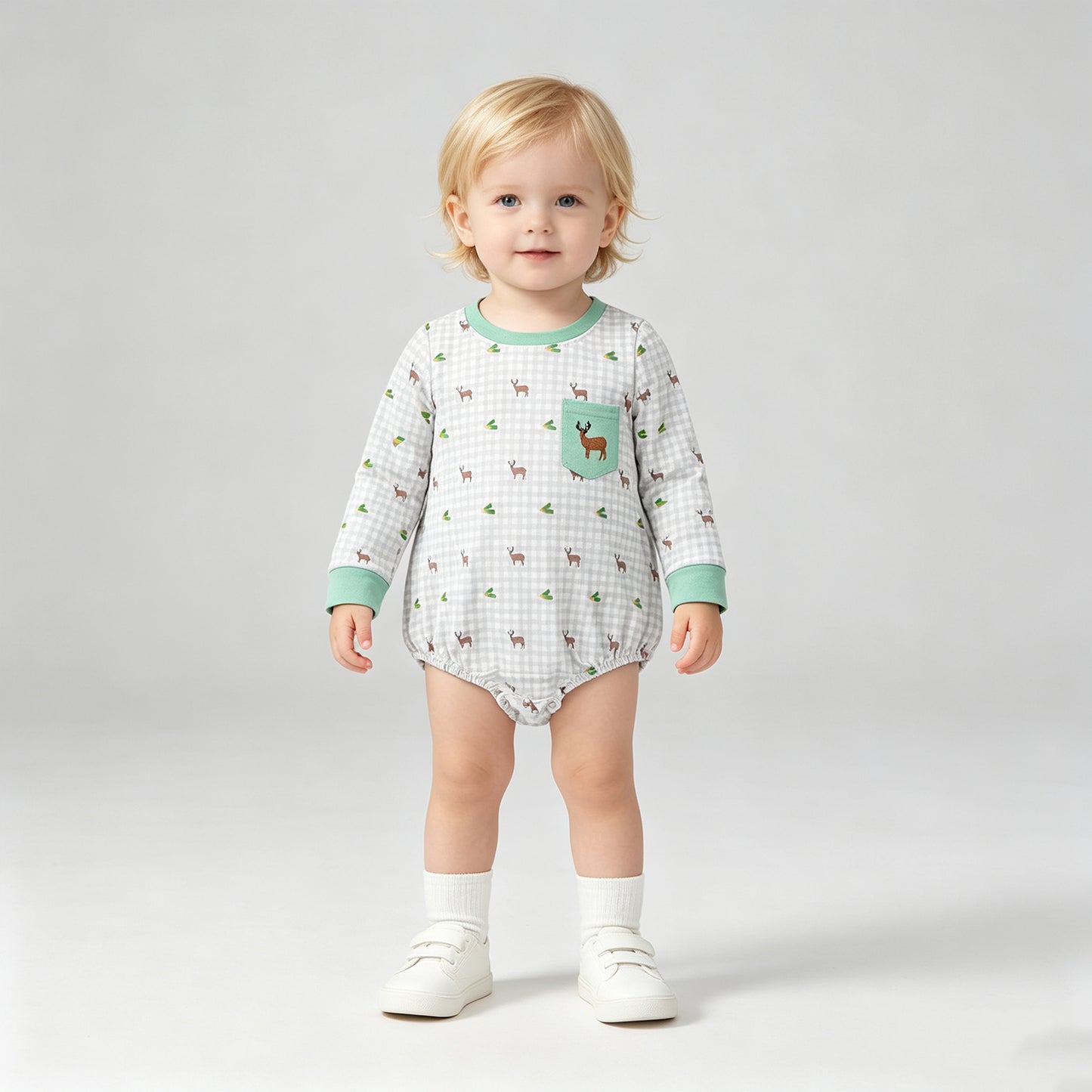 RTS NO MOQ milk silk LR3003 Embroidery Deer Pocket Baby Boys Long Sleeve Checked Hunting Rompers