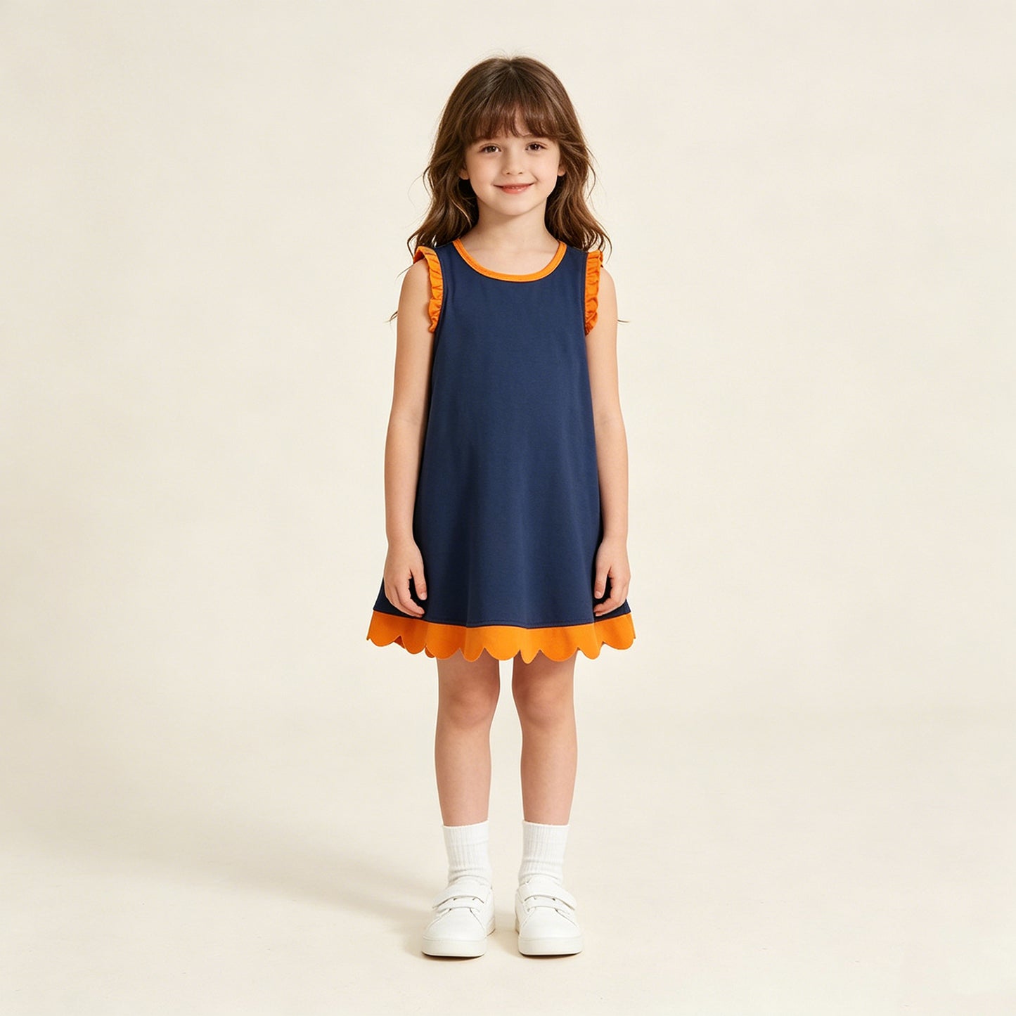 RTS NO MOQ cotton GSD4062 Baby Girls Daily Sleeveless Scallop Knee Length Dresses