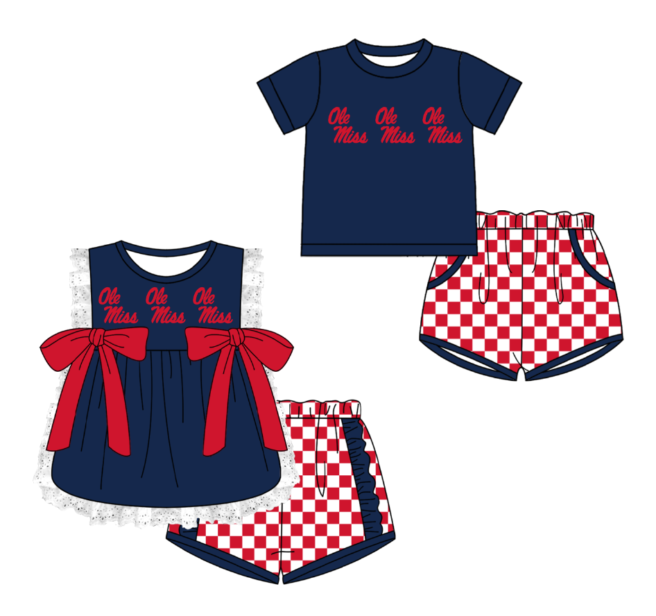 Custom moq 5 mix size milk silk summer teams Navy Blue Girl Sleeveless Top And Plaid Shorts Set with Bow Boy Short Sleeved Top And Plaid Shorts Set