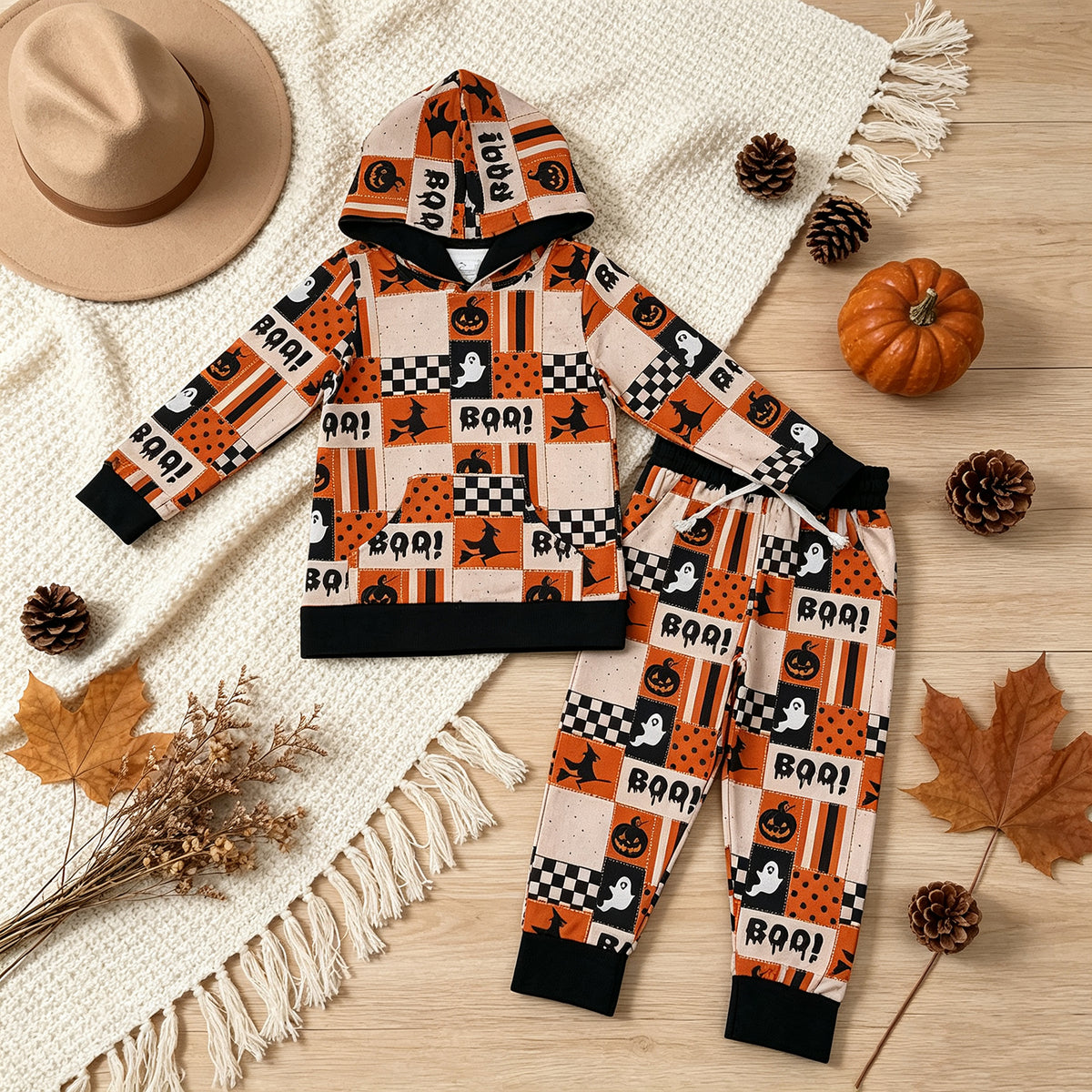 NEW RTS NO MOQ milk silk BLP1544 Baby Boys Ghost Pumpkins Hoodie Pockets Jogger Halloween Set
