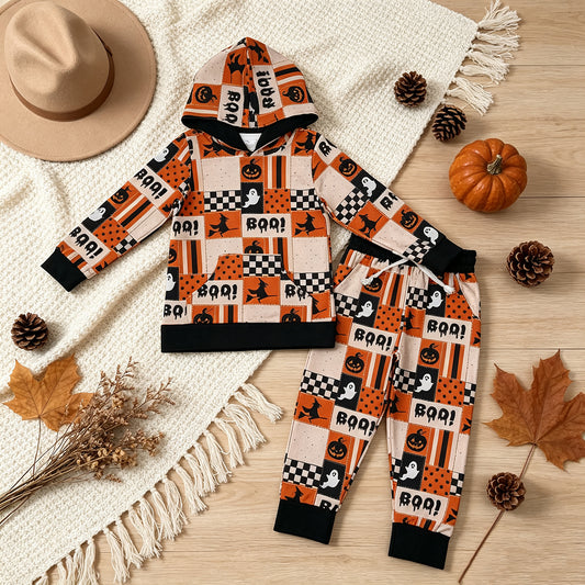 NEW RTS NO MOQ milk silk BLP1544 Baby Boys Ghost Pumpkins Hoodie Pockets Jogger Halloween Set