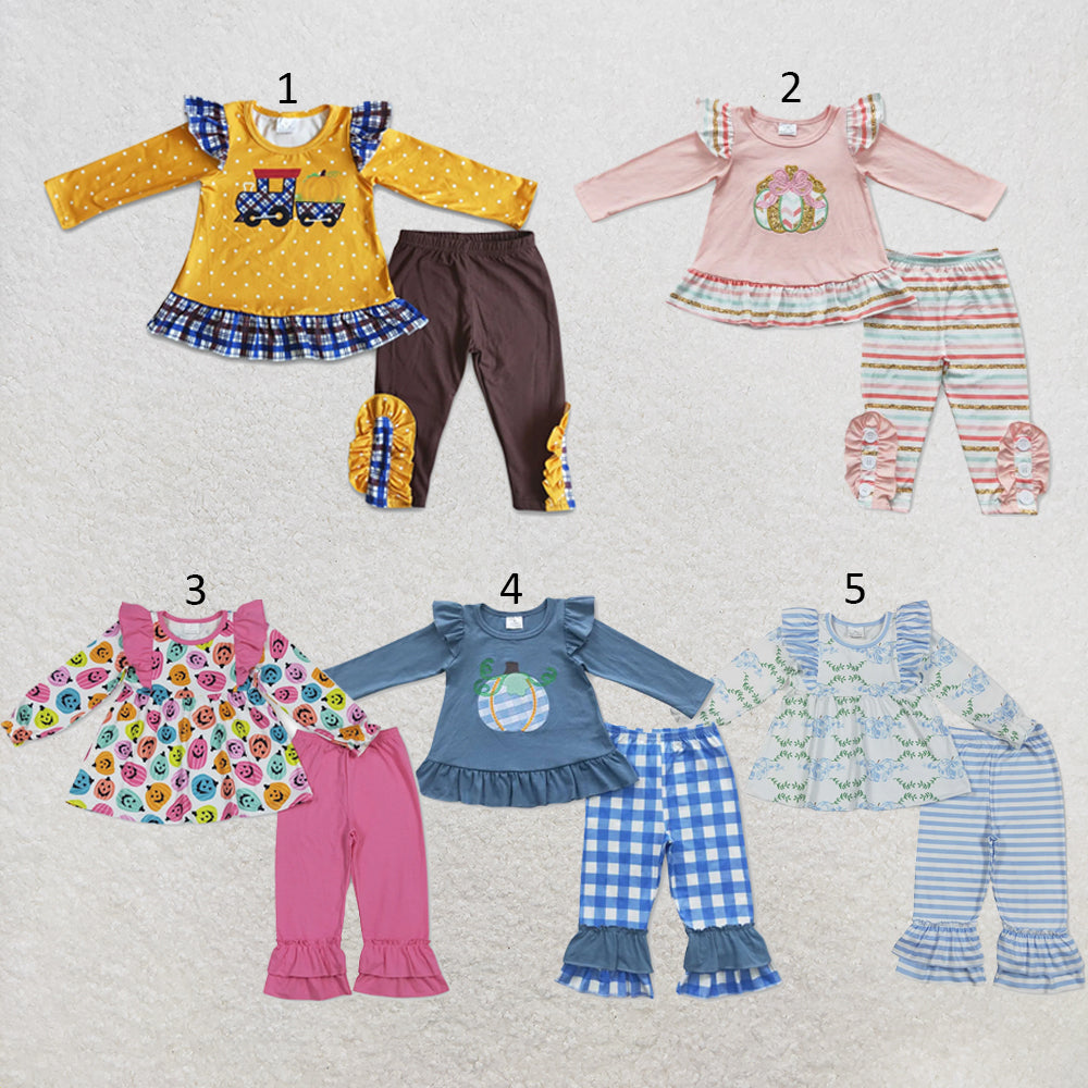 RTS NO MOQ Sibling milk silk Baby Girls Halloween Color Ghost Pumpkin Ruffle Trim Top Pants Clothes Sets