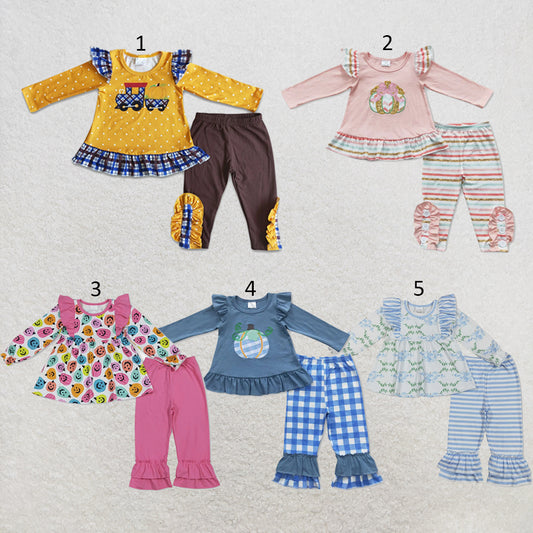 RTS NO MOQ Sibling milk silk Baby Girls Halloween Color Ghost Pumpkin Ruffle Trim Top Pants Clothes Sets