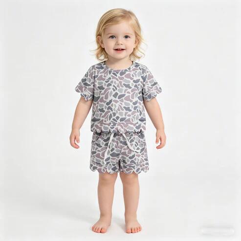 RTS NO MOQ Sibling Baby Girls Camouflage Top with Scallop Shorts Outfit Set