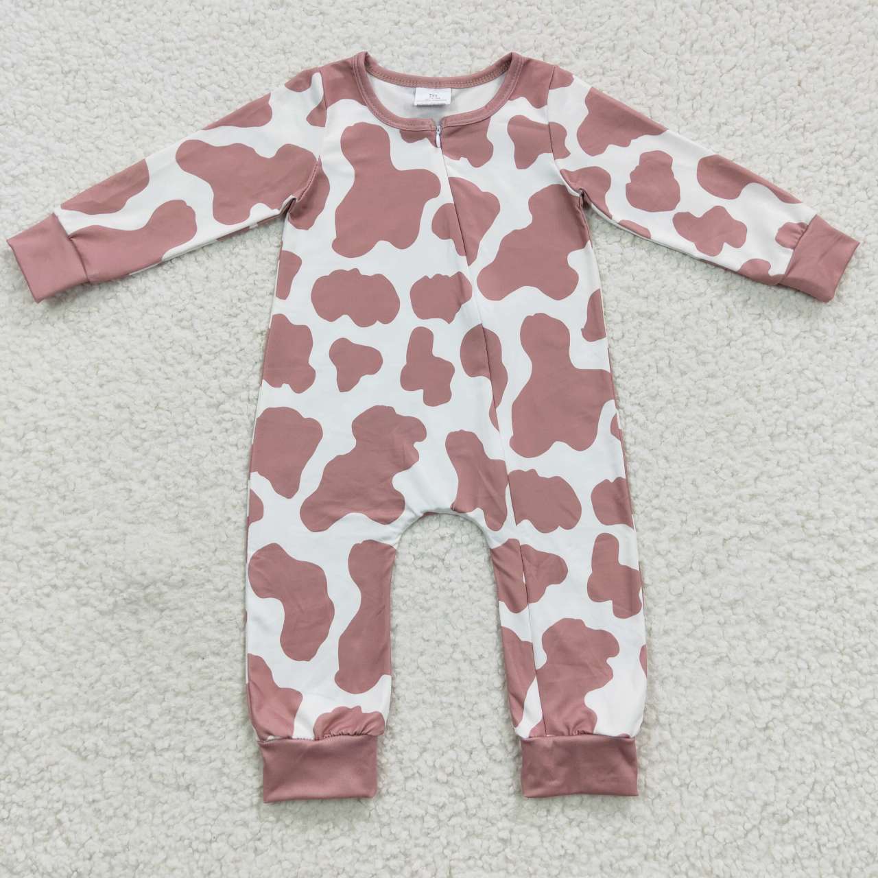 LR0333 Rose Pink Leopard White Zipper Long Sleeve Bodysuit