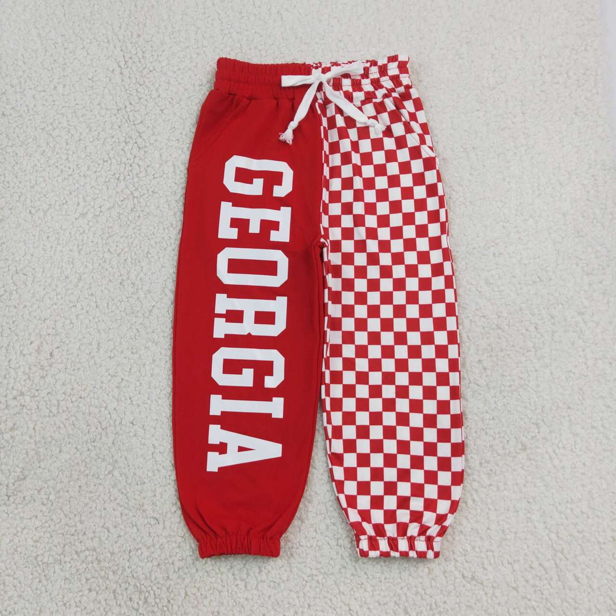 NEW RTS NO MOQ milk silk P1063 Baby Girls Red Check Team Print Pocket Jogger Casual Bottom