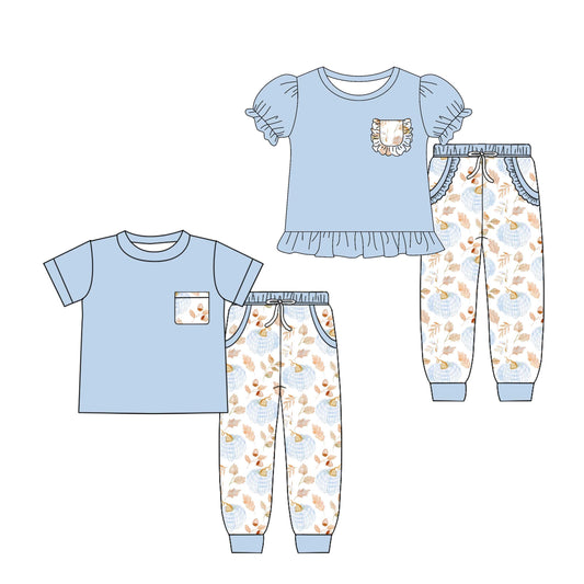 4.26 custom each style moq 5eta 4-6week Sibling Sister pumpkin baby boy pants sets 1 and sets 2 match family design