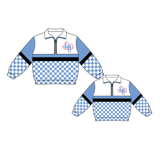 Custom moq 5 mix size milk silk summer teams Daddy and Me Light Blue Checked Long Sleeve Team Pullover Tops