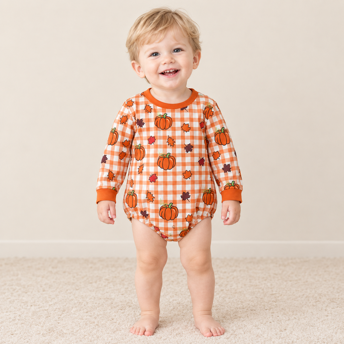 NEW RTS NO MOQ milk silk LR3236 Baby Boys Pumpkins Checked Long Sleeve Cute Romper