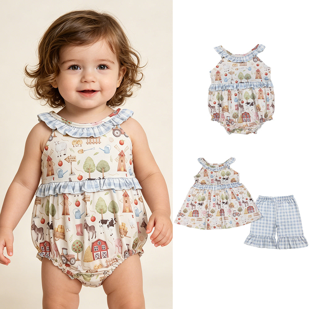 RTS NO MOQ Sibling Baby Girls Sleeveless Pigs Cows Tunic with Ruffle Checked Shorts Sets  Farm Ruffle Rompers Outfit